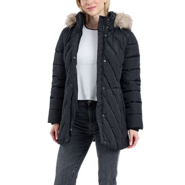 Petites London Fog Chevron Puffer Coat with Faux Fur Trimmed Hood