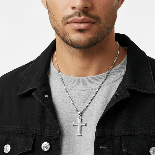 Mens Iron Saints Textured Silver Cross Box Chain Necklace