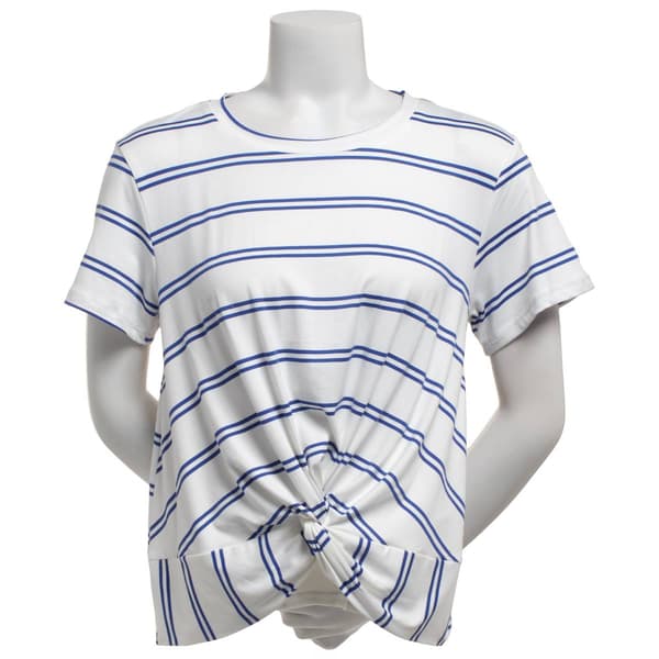Womens Bobeau Short Sleeve Stripe Twist Front Floral Tee