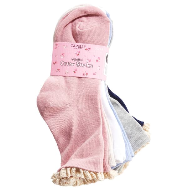 Girls Capelli(R) New York 6pk. Solid/Marled Crew Socks w/ Crochet - image 