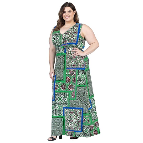 Plus Size 24/7 Comfort Apparel Geometric Empire Waist Maxi Dress