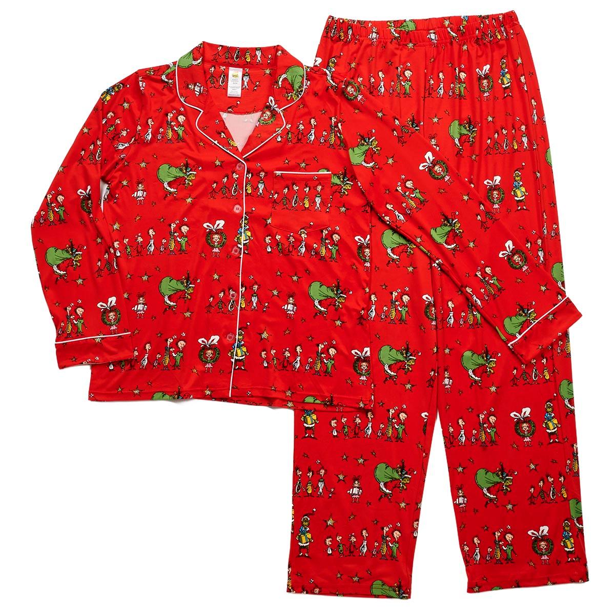 Womens Grinch Long Sleeve Whoville Notch Collar Pajama Set