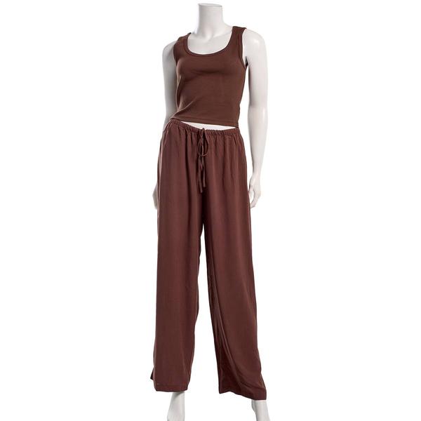 Juniors Hunter & Brown Knit Scoop Tank With Linen Blend Pants Set - image 