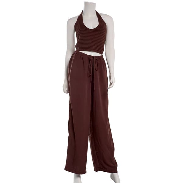 Juniors Hunter & Brown Knit Halter Top Wide Leg Pants Set - image 