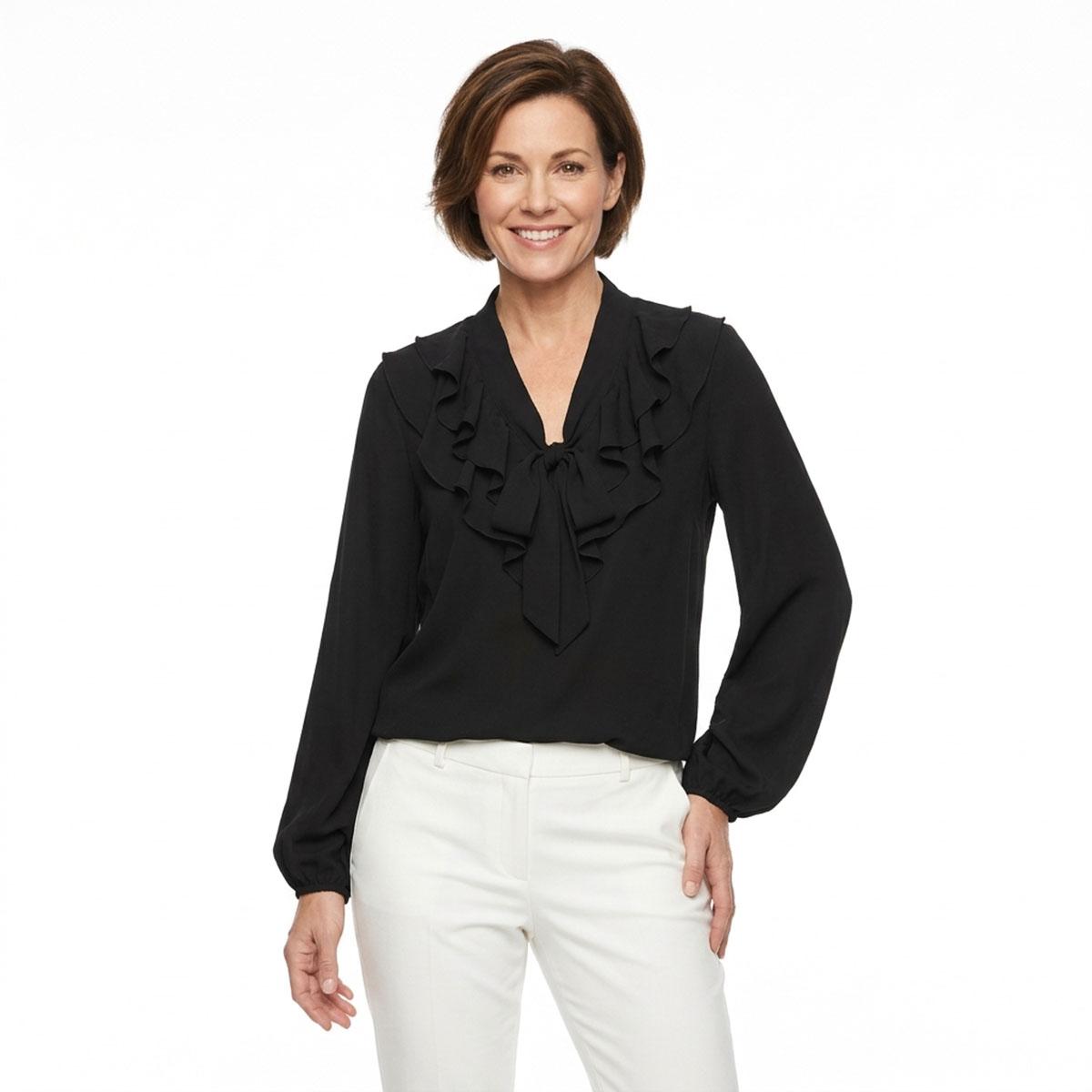 Womens Kasper Long Sleeve Solid Tie Neck Ruffle Front Blouse