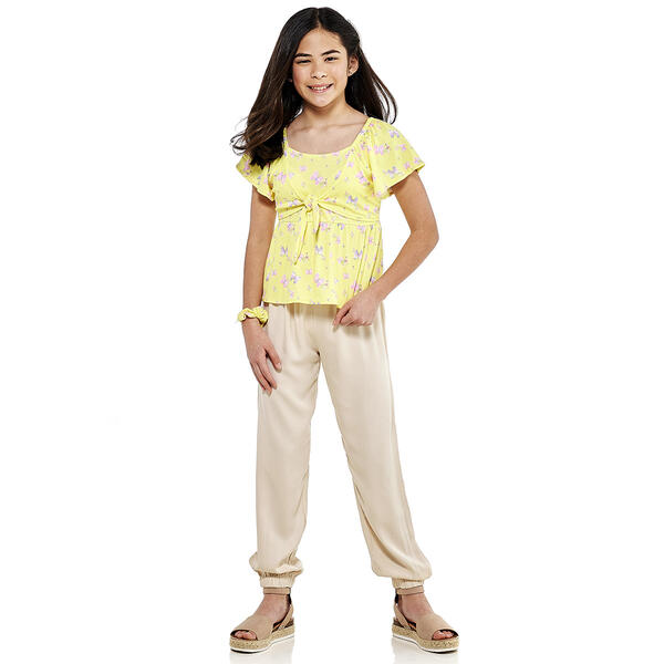 Girls &#40;7-12&#41; Insta Girl 3pc Floral Tie Rib Top & Woven Pants Set - image 