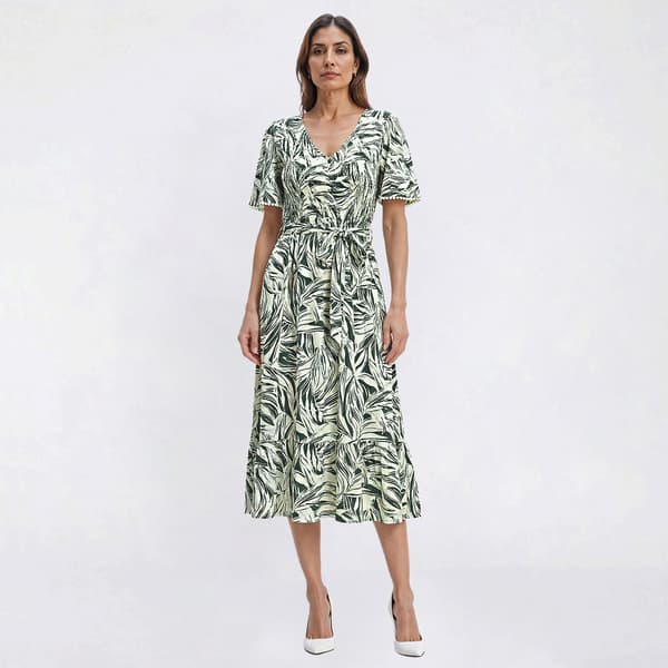Womens Luxology Short Sleeve V Neck Tropical Leaf Midi Dress - image 