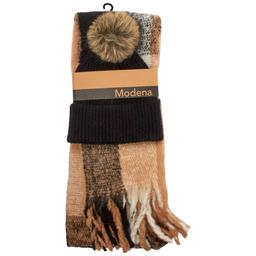 Womens Modena Plaid Scarf & Faux Fur Pom Hat