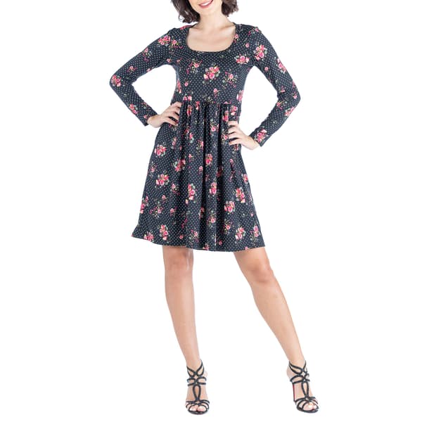 Womens 24/7 Comfort Apparel Black Floral Knee Length Dress - image 
