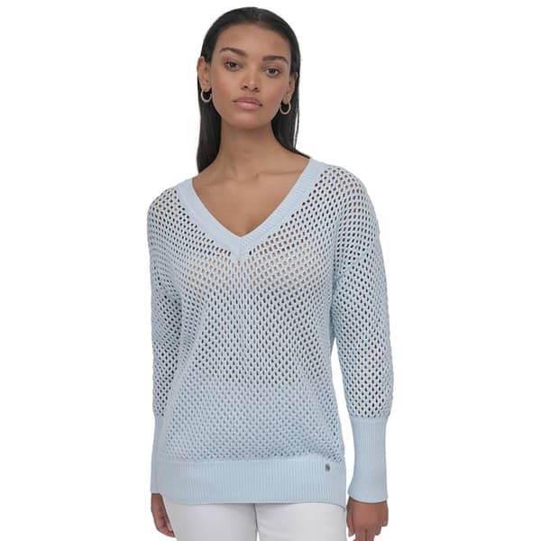 Womens DKNY Long Sleeve V-Neck Open Stitch Pointelle Sweater - image 