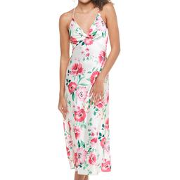 Juniors Emerald Sundae Floral Satin Twist Front Midi A-Line Dress