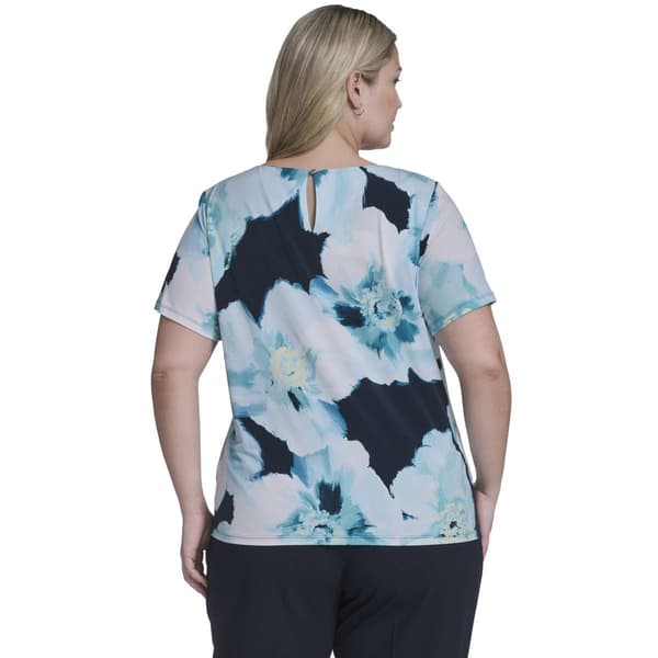 Plus Size Calvin Klein Short Sleeve Pleated Neck Floral Blouse