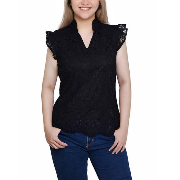 Womens NY Collection Cap Sleeve Paisley Lace Split Neck Blouse