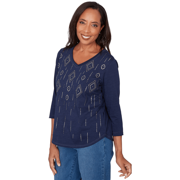 Petite Alfred Dunner Austin Rhinestone Diamond V Neck Blouse