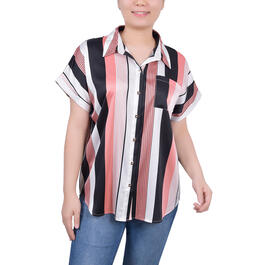 Womens NY Collection Short Sleeve Collar Striped Button Down Top