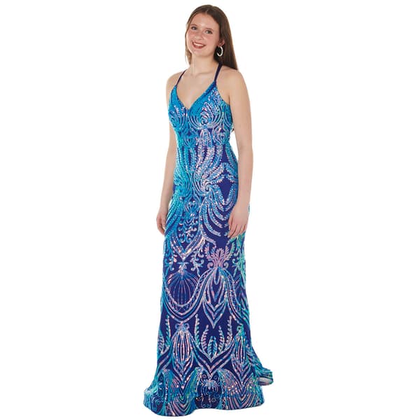 Juniors Crystal Doll Sequin Mermaid Double Crossback Sheath Dress