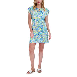 Womens Caribbean Joe Ruffle Short Sleeve Tassel Trim Leafy Dress