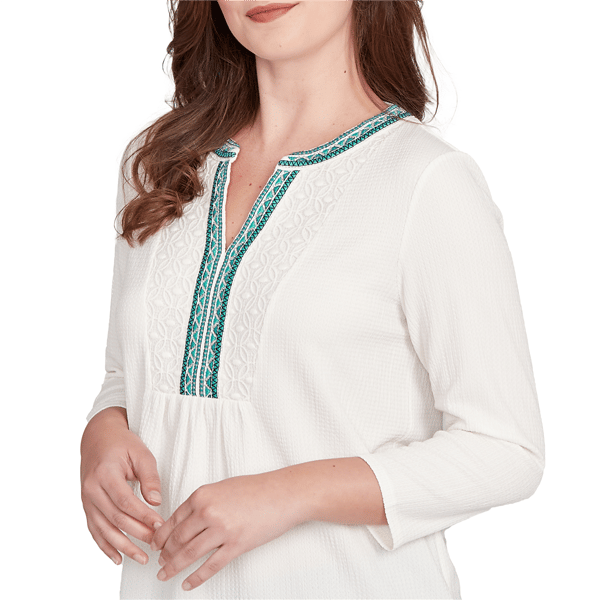 Petite Ruby Rd. Fall Flair Split Neck Geometric Embroidery Blouse