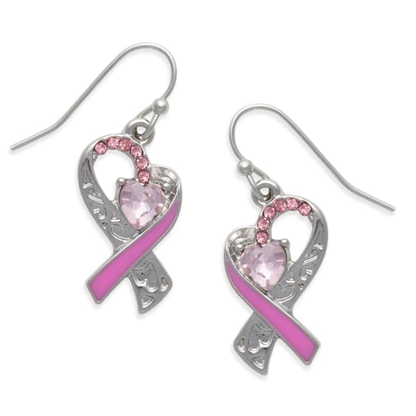Breast Cancer Awareness Ribbon Heart Scroll Filigree Earrings - image 