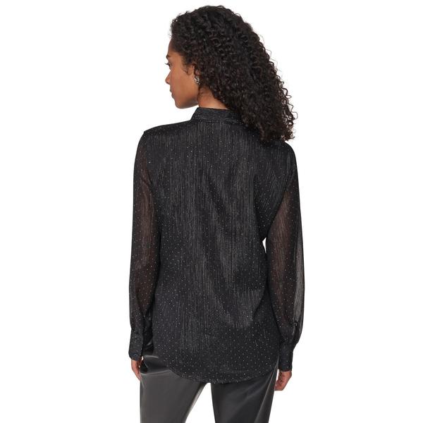 Womens DKNY Long Sleeve Bow Tie Neck Studded Button Front Blouse