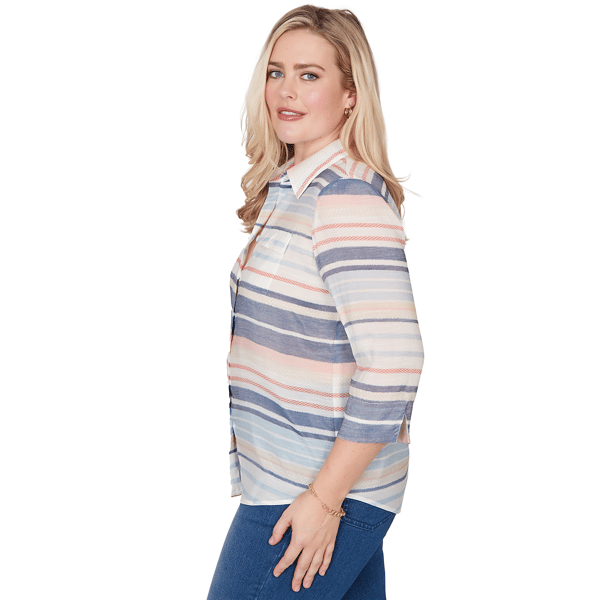 Petite Alfred Dunner Port Side Stripe Button Front Blouse