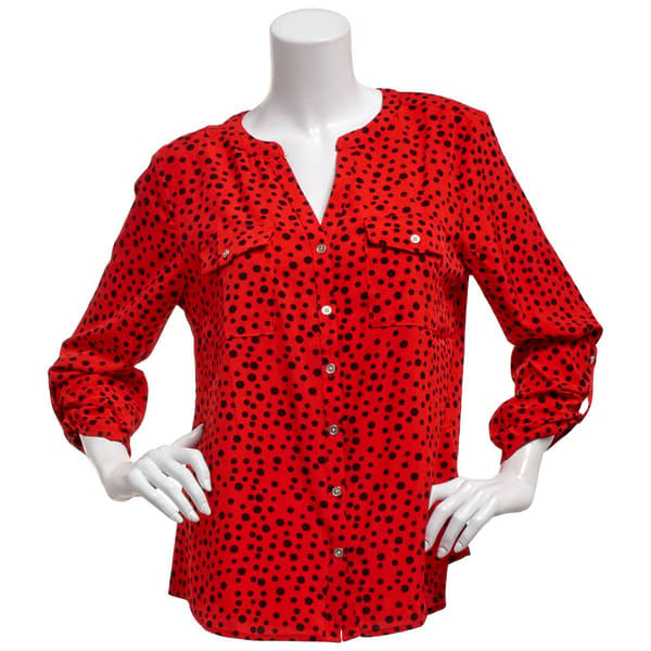 Womens Notations 3/4 Roll Tab Sleeve Dot Split Neck Button Down