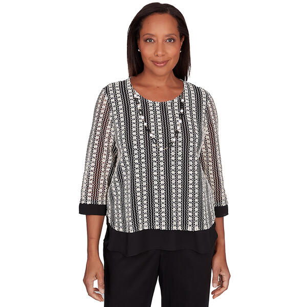 Petite Alfred Dunner Opposites Attract Stripe w/Woven Trim Top - image 