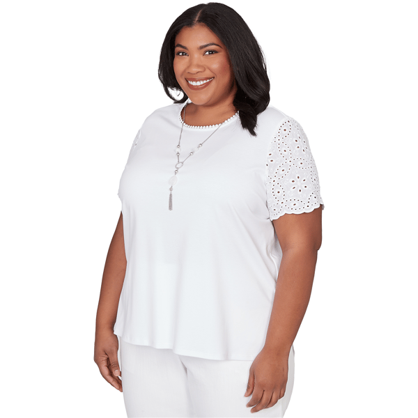 Plus Size Alfred Dunner Classics Short Eyelet Sleeve Solid Blouse