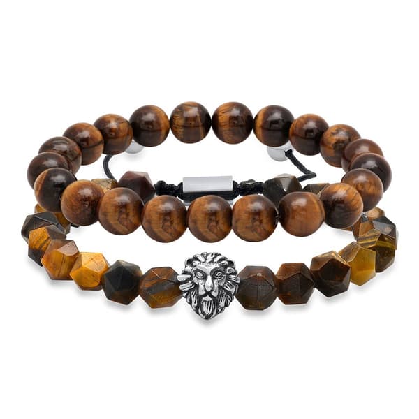 Mens Steeltime Stainless Steel Lion and Tiger Eye Bracelet Set - image 