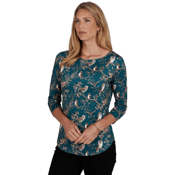 Womens Emaline Key Items 3/4 Sleeve Boat Neck All Over Owl Tee