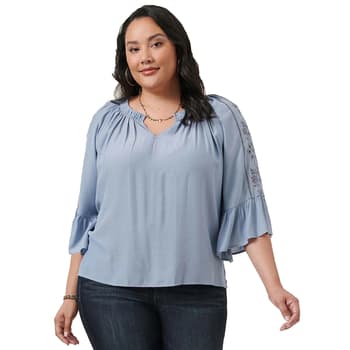 Plus Size Democracy 3/4 Embroidered Sleeve Woven Blouse - Boscov's