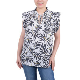 Plus Size NY Collection Flutter Sleeve Print Tuwa with Tie Top