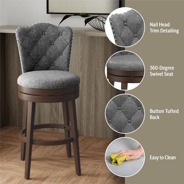 HH2 Home Edenwood Grey Bar Height Swivel Stool with Tufted Back