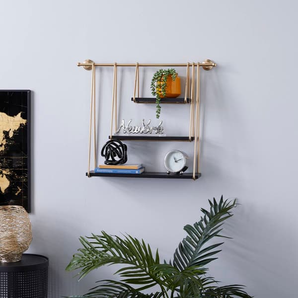 9th & Pike&#174; Gold Metal and Black Wood Hanging Wall Shelf