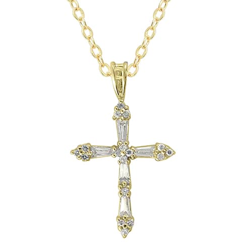 Gold Plated Baguette & Cubic Zirconia Cross Necklace - image 