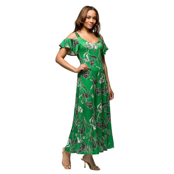 Womens 24/7 Comfort Apparel Green Floral Cold Shoulder Maxi Dress