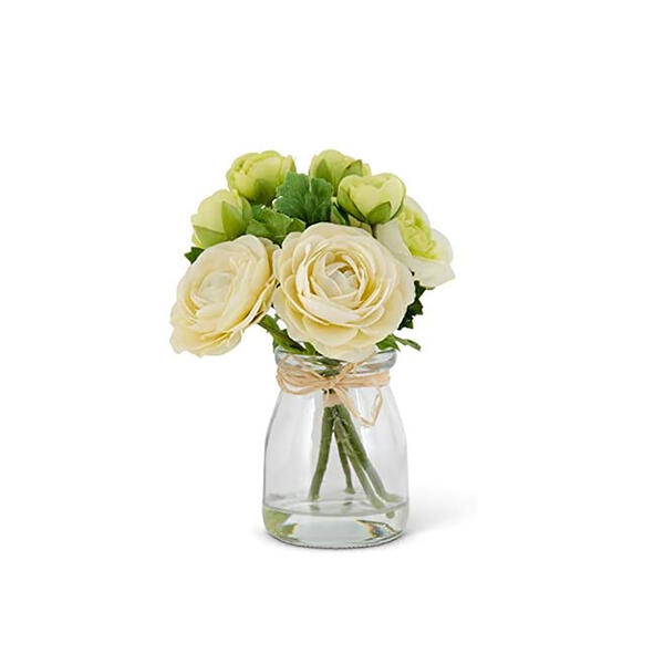 K&K Interiors 6.75in. White Ranunculus Bouquet Glass Jar - image 
