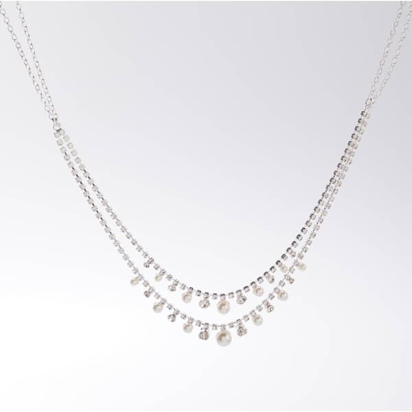 Rosa Rhinestones Silver-Tone Plated Pearl Trim Duo Rows Necklace - image 