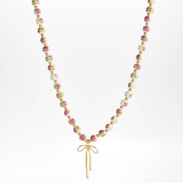 Ashley Gold Plated Necklace w/ Ribbon Pendant & Ceramic Beads - image 