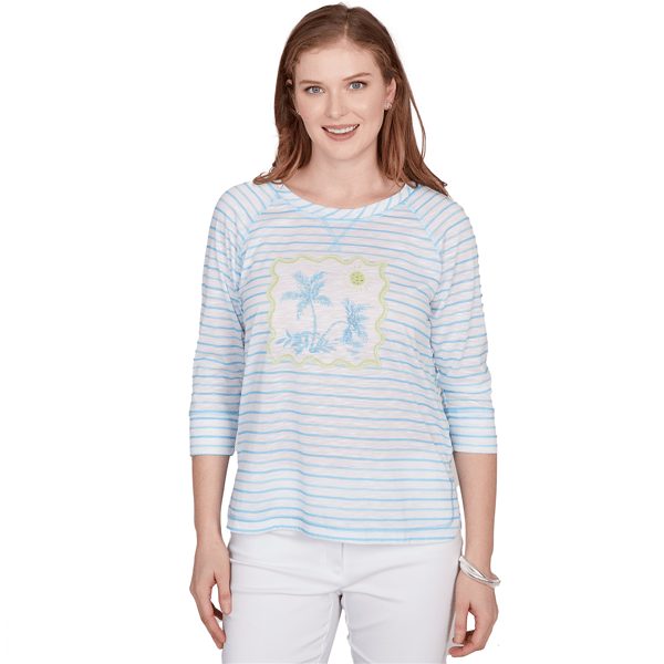 Petites Heart''s of Palm Aqua Fresh Printed Ploy Slub 3/4 Sleeve - image 