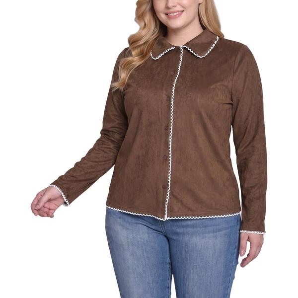 Plus Size NY Collection Long Sleeve Boyfriend Faux Suede Shirt W - image 