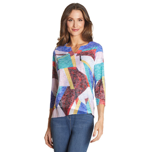 Womens Ali Miles 3/4 Sleeved Colorful Print V-Neck Top w/Chiffon - image 