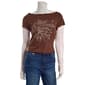 Juniors No Comment Boat Neck Screen Top w/ Lace Sleeves- Brown - image 2