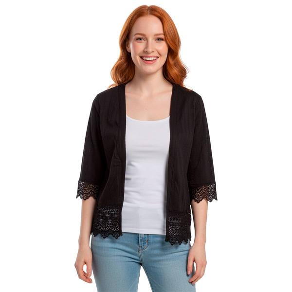 Petite Notations 3/4 Sleeve Scallop Hem Crochet Cardigan