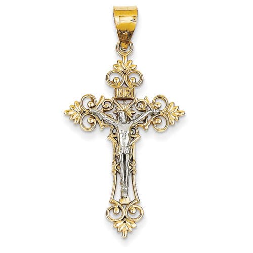 Unisex 14kt. Two Tone Lacey Crucifix Pendant - image 