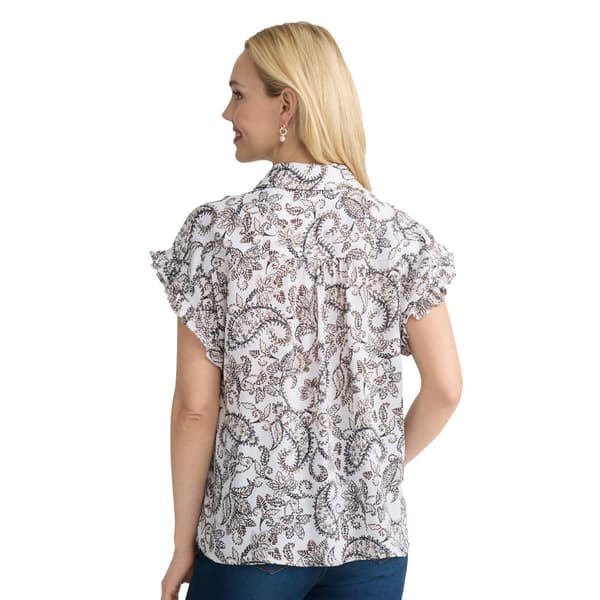 Petite Jones New York Short Ruffle Sleeve V Neck Paisley Blouse