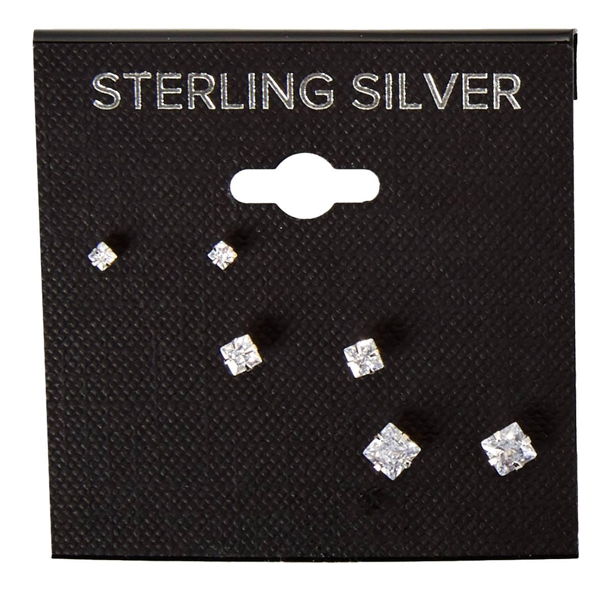 3pr. Sterling Silver CZ Square Stud Earrings Set