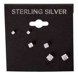 Sterling Silver Cubic Zirconia Trio Square Stud Earrings