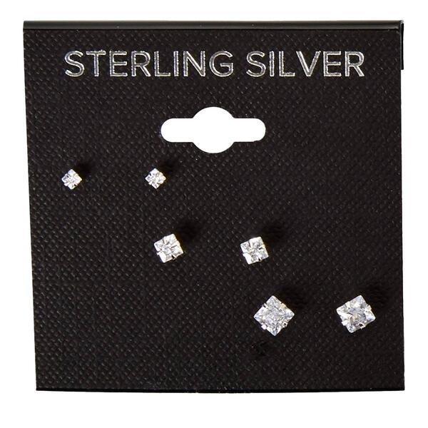 Sterling Silver Cubic Zirconia Trio Square Stud Earrings - image 