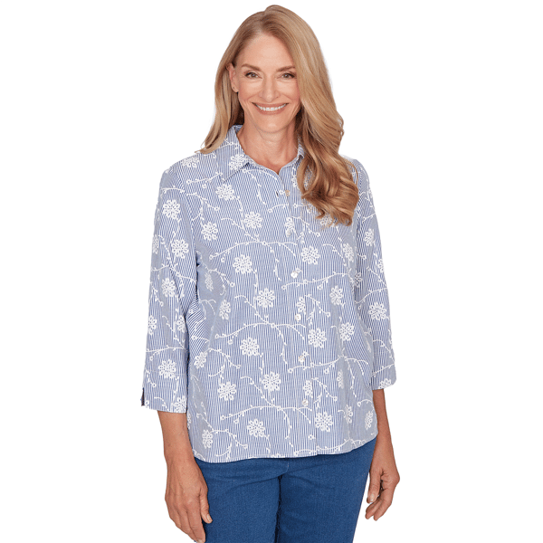 Petite Alfred Dunner Classics 3/4 Sleeve Pinstripe Blouse